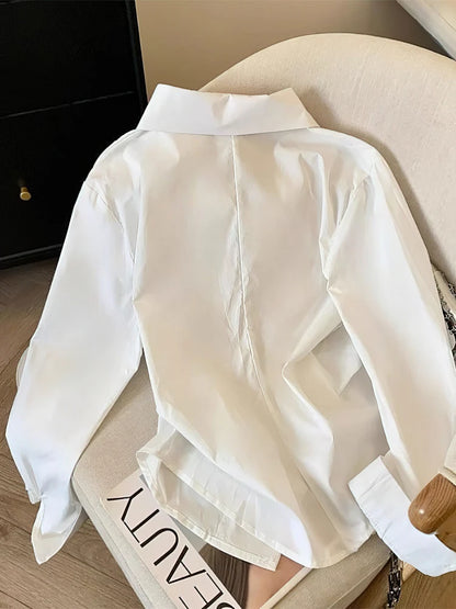 Irregular Long Sleeve Polo Shirt Women White Blouse