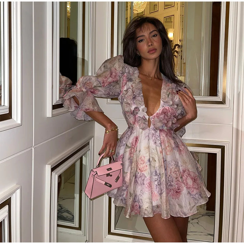 Women Tie-Dye Flower Deep V Neck Flare Sleeve Mini Dress