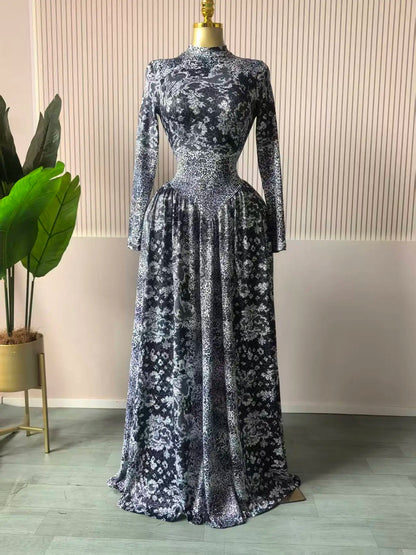 Women Plaid Long Sleeve Maxi Dress Polyester A-Line