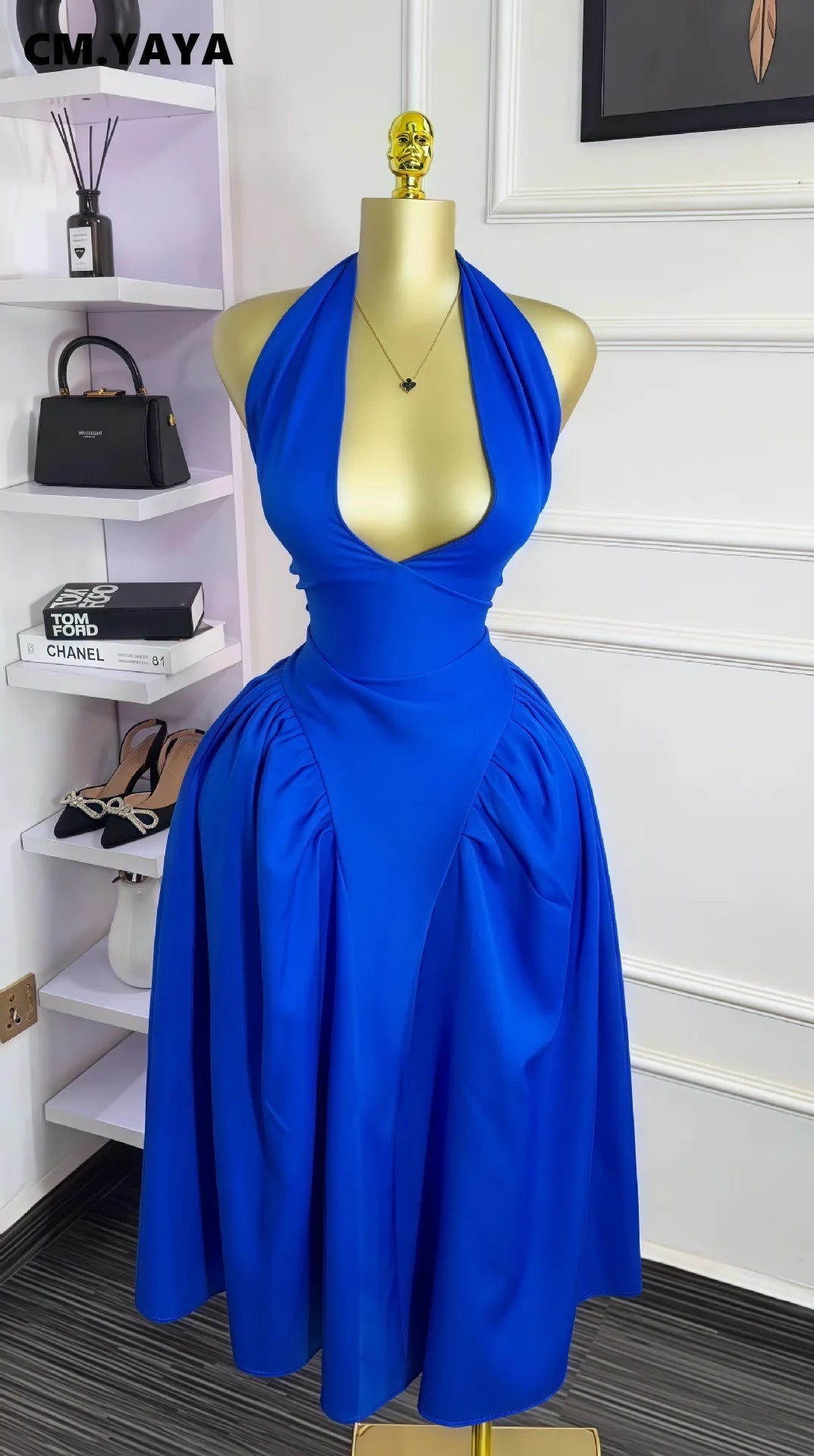 Women Halter V-neck Backless Maxi Dress Polyester