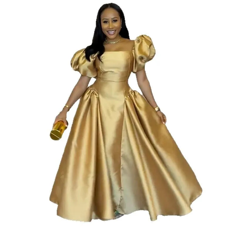 Gold Solid A-line Maxi Dress with Puff Sleeves