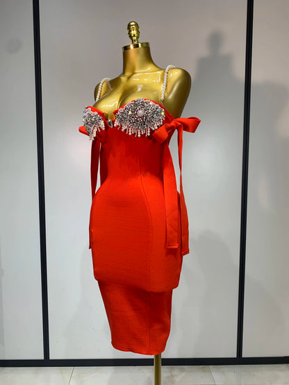 Women Backless Bodycon Bandage Dress with Pearls
