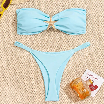 Sky Blue Starfish Ornament Bandeau Bikini Set