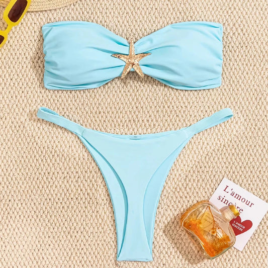 Sky Blue Starfish Ornament Bandeau Bikini Set