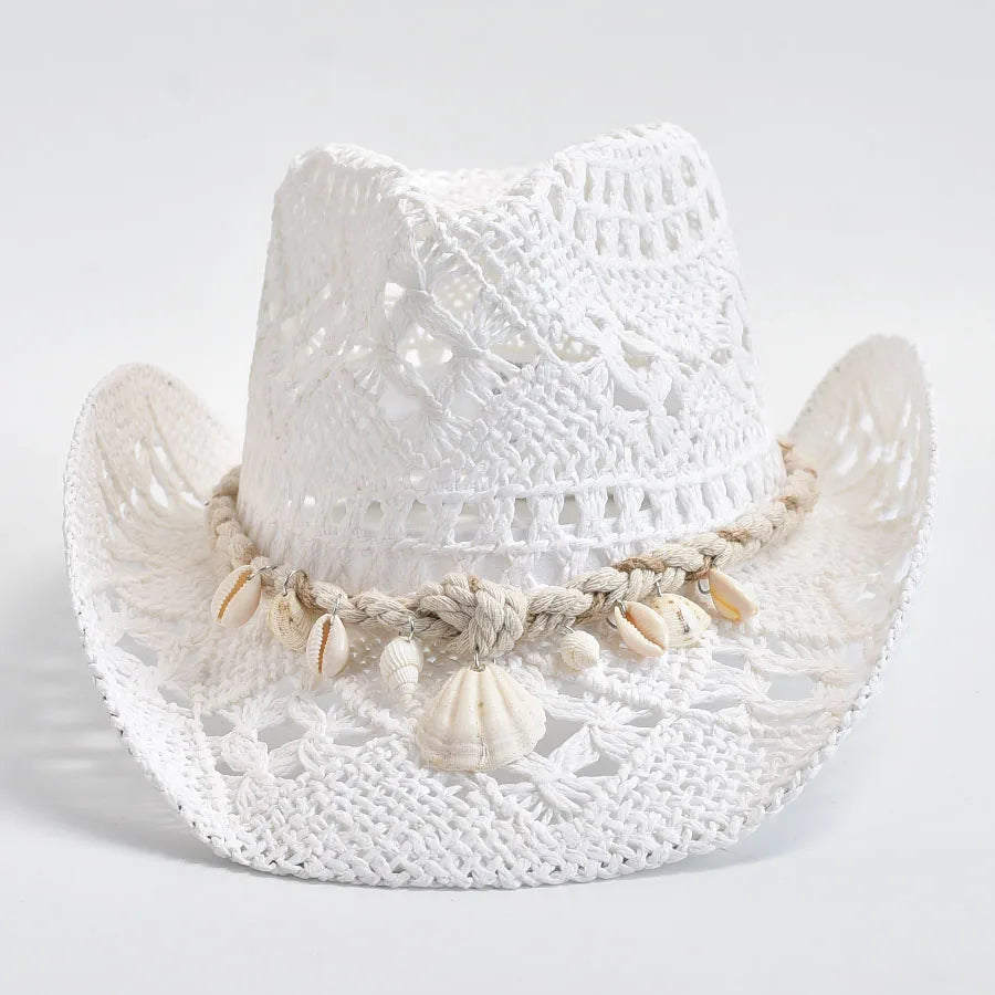 Hand Woven Straw Sun Hat for Women with Shell Decoration