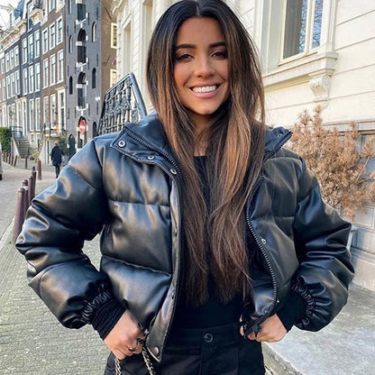 Black PU Leather Women's Winter Parka Jacket