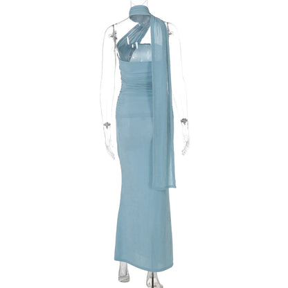 Hugcitar Halter Backless Ruched Bodycon Maxi Dress