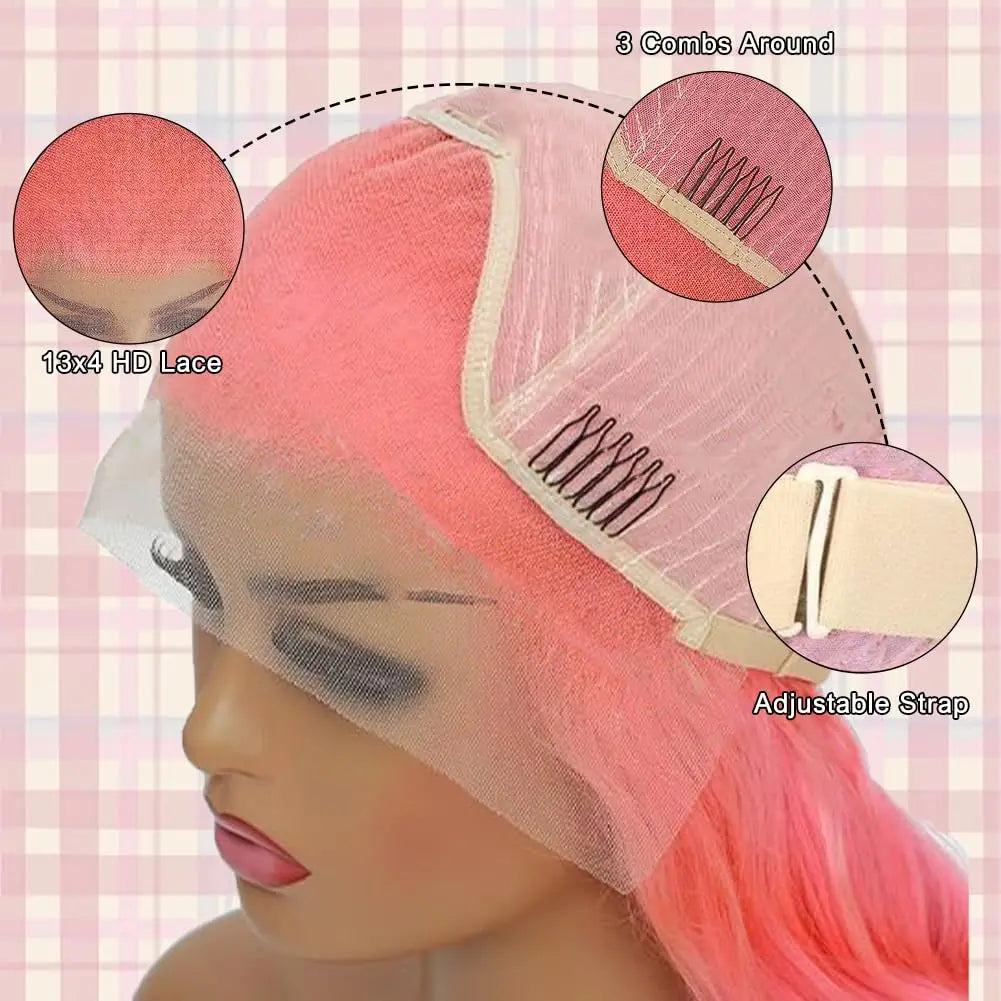 Pink 30 Inch Straight Lace Front Wig Human Hair