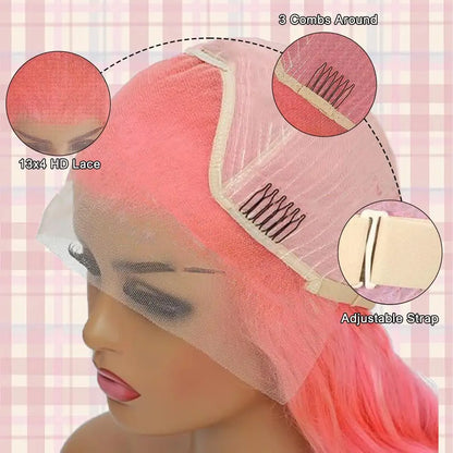 Pink 30 Inch Straight Lace Front Wig Human Hair