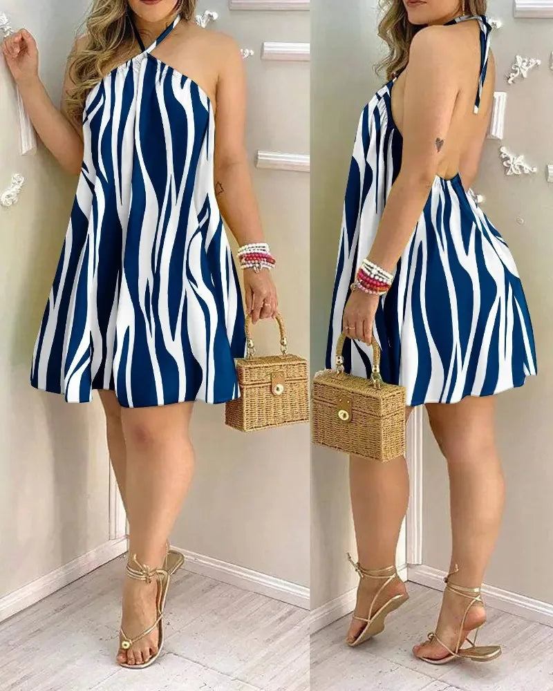 Tropical Leaf Print Halter Neck Mini Dress
