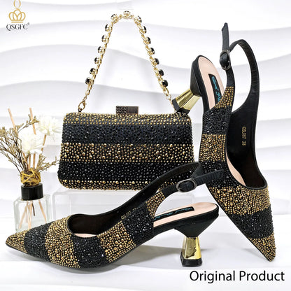 Italian Luxury Green Rhinestone Shoes and Bag Set