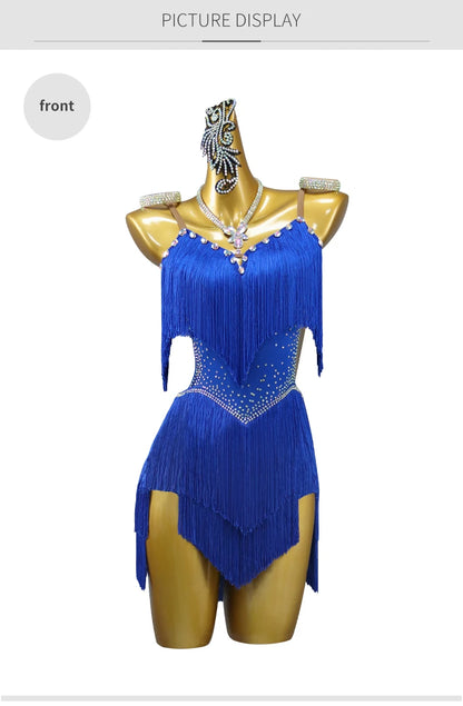 Latin Performance Dance Dress Women Blue Fringe Skirt