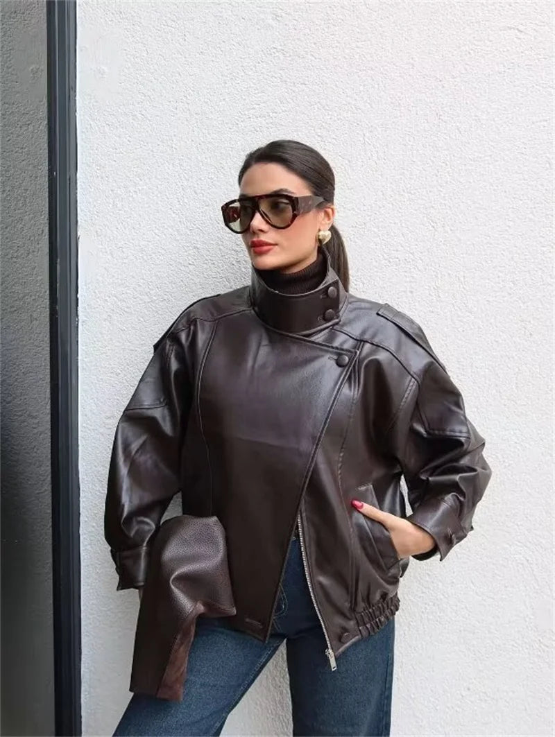 Black Long Sleeve Faux Leather Motorcycle Jacket