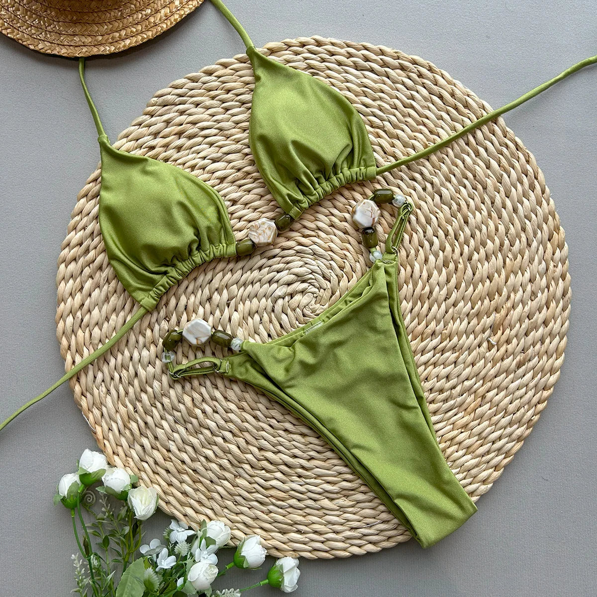 Solid Green Halter Triangle Bead String Bikini Set