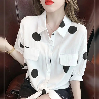 Polka Dot Chiffon Shirt for Women with Lace-Up Detail