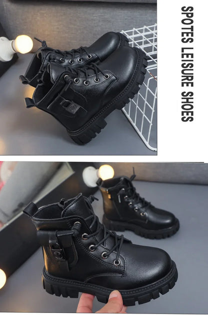 Girls PU Leather Ankle Boots with Anti-slip Sole