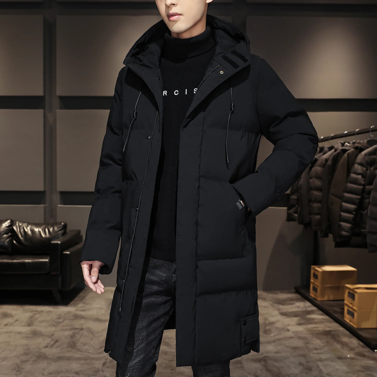 Long Cotton-padded Coat for Men in Solid Color