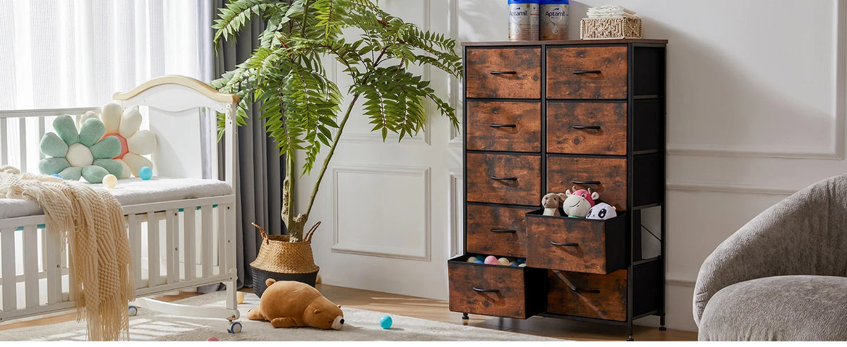 JHK Bedside Table with 10 Fabric Drawers and Steel Frame