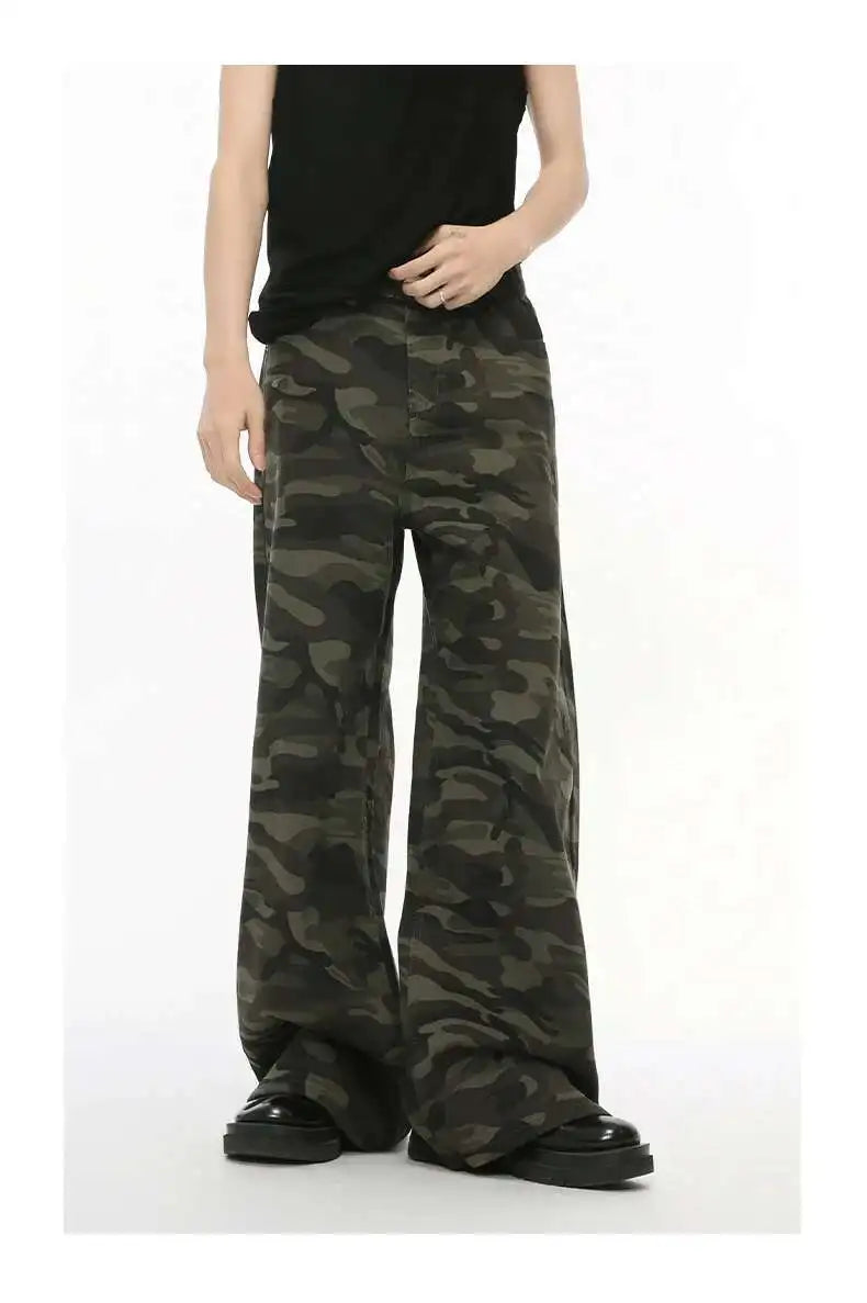 IEFB Vintage Camouflage Men's Loose Denim Jeans Old Blue