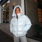 Solid Glossy Zipper Hooded Coat Women's Cotton Jacket