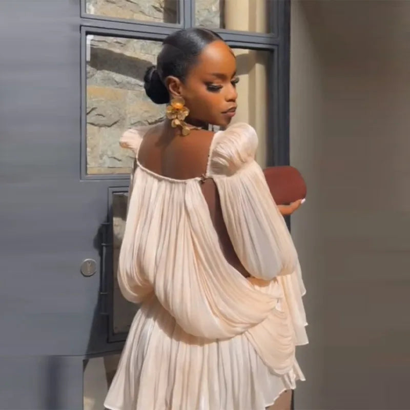 Satin Off Shoulder Pleated Mini Dress with Puff Sleeves