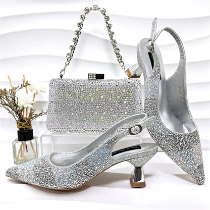 Italian Luxury Green Rhinestone Shoes and Bag Set