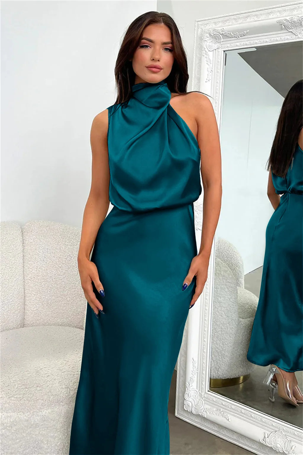 Elegant Silk Satin Sleeveless Long Dress for Women