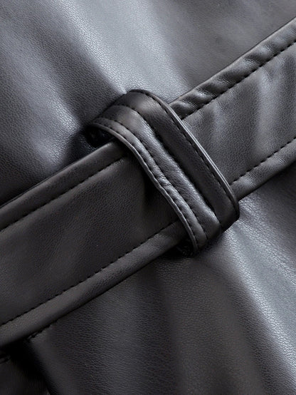 Black Faux Leather Vintage Trench Coat for Women