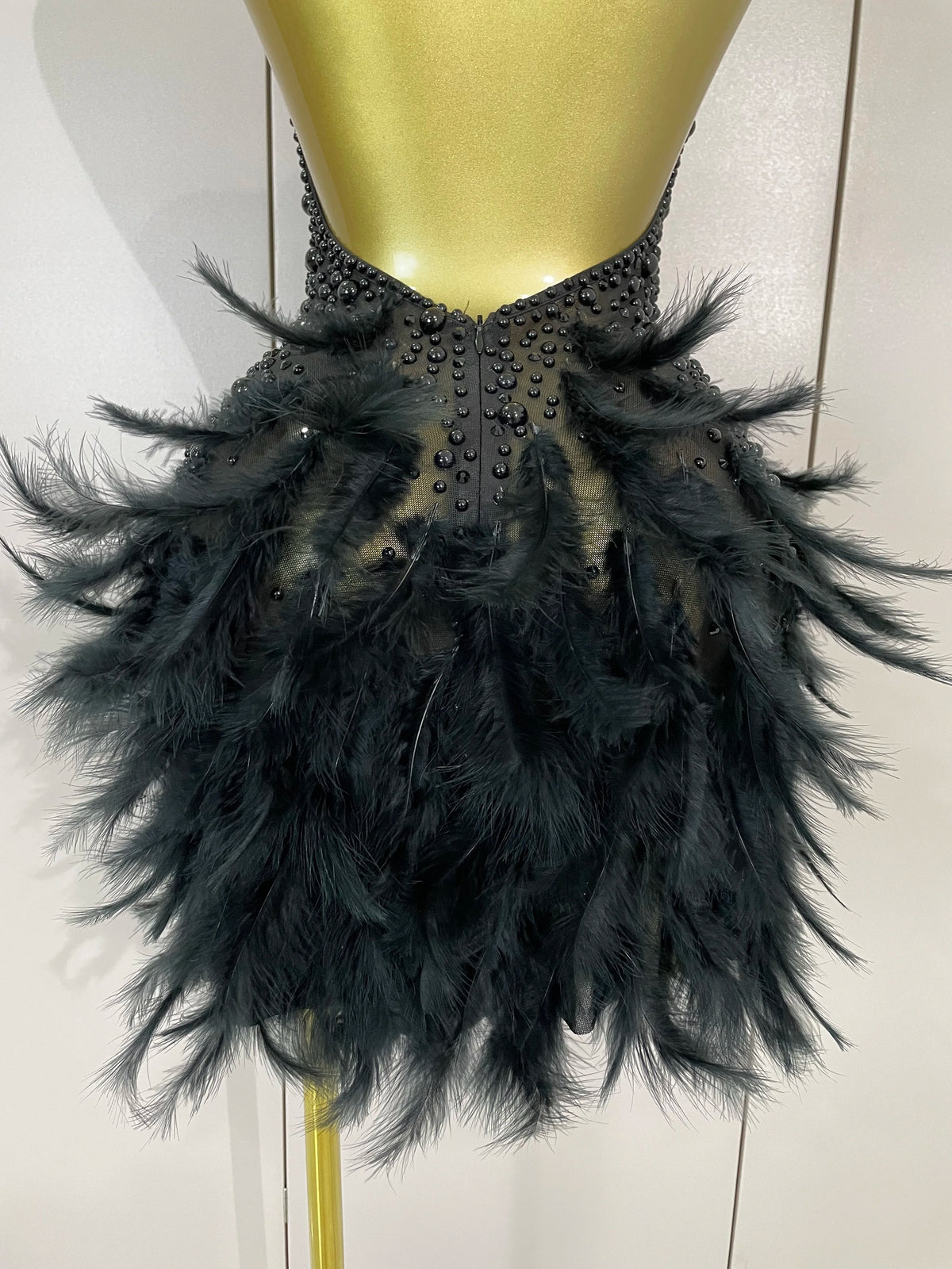 Luxury Rhinestones Pearls Feathers Halter Backless Dress