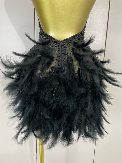 Luxury Rhinestones Pearls Feathers Halter Backless Dress