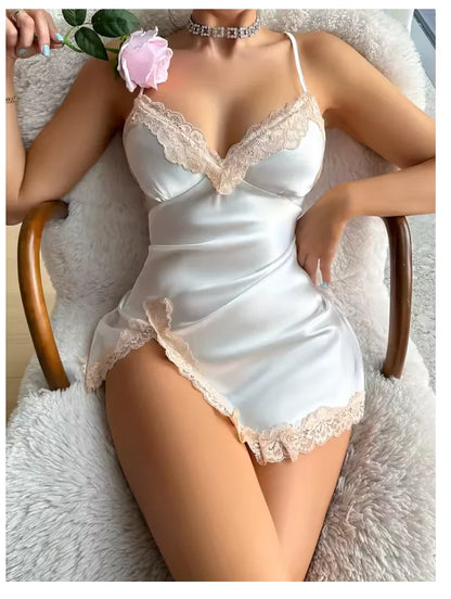 Leopard Silk Satin Nightgown with Lace Decoration
