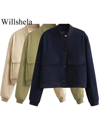 Willshela Women Solid V-Neck Bomber Jacket