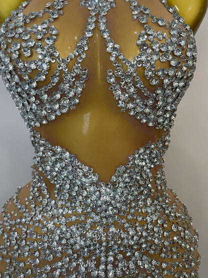 Sparkly Rhinestones Mesh See Through Dress for Women
