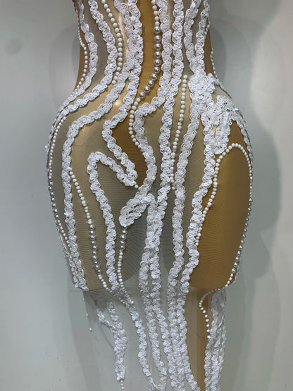 Elegant Women Long Dress with Pearl Sequins