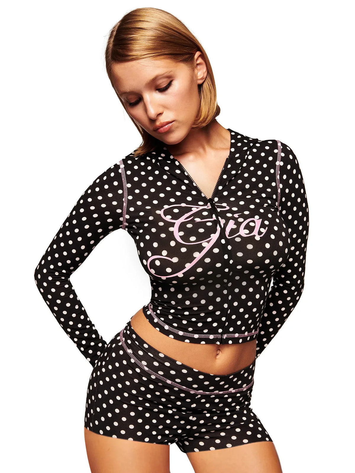Joskaa Dot Print Tracksuit Set Women Long Sleeve Crop Top