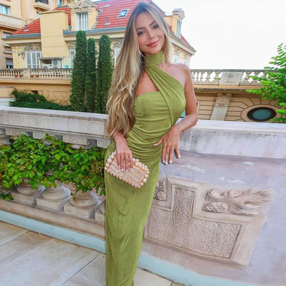 Hugcitar Halter Backless Ruched Bodycon Maxi Dress