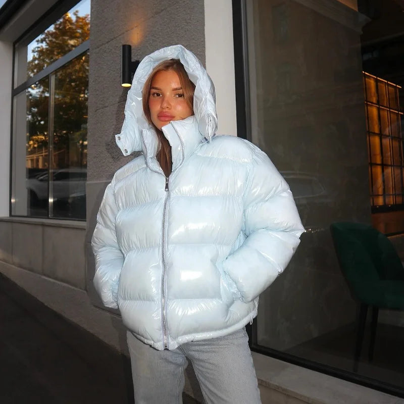 Solid Glossy Zipper Hooded Coat Women's Cotton Jacket