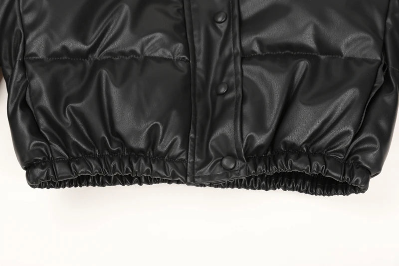 Black PU Leather Women's Winter Parka Jacket