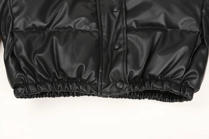 Black PU Leather Women's Winter Parka Jacket