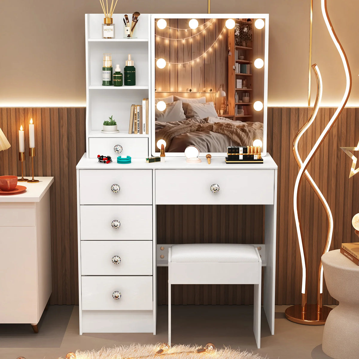 Teousev White LED Makeup Vanity Set with Stool
