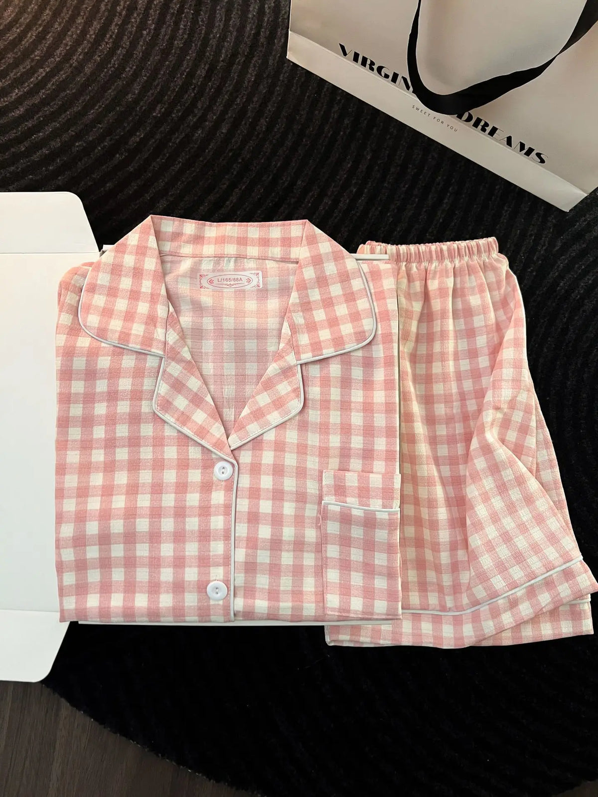 Japanese Minimalist Women's Pink Plaid Pajamas