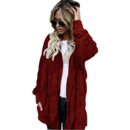 Winter Fleece Cardigan Jacket Women Hooded Outerwear