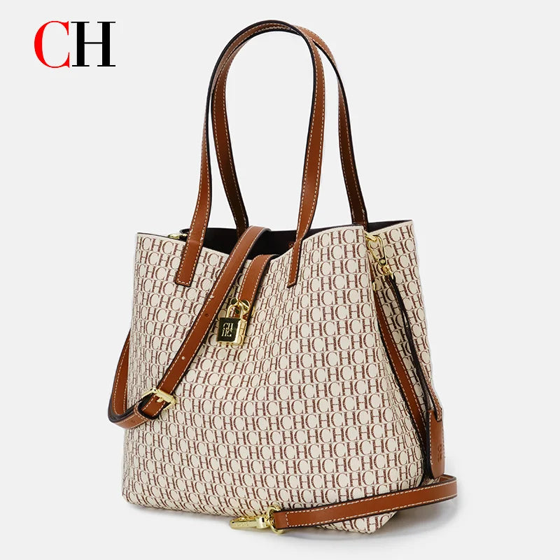 CH Women Monogram Print Shoulder Bag Large Capacity