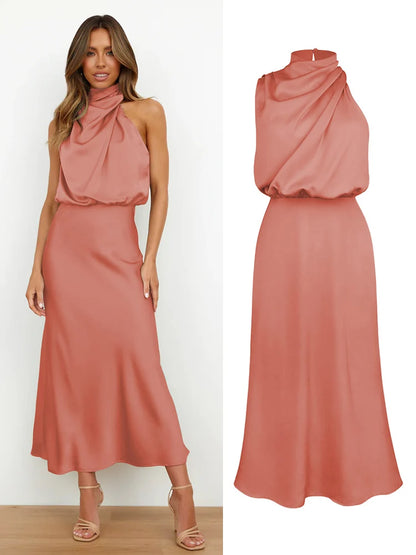 Elegant Silk Satin Sleeveless Long Dress for Women