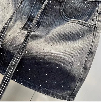 Oversize Diamond Denim Mini Skirt Women Gradient Black Grey