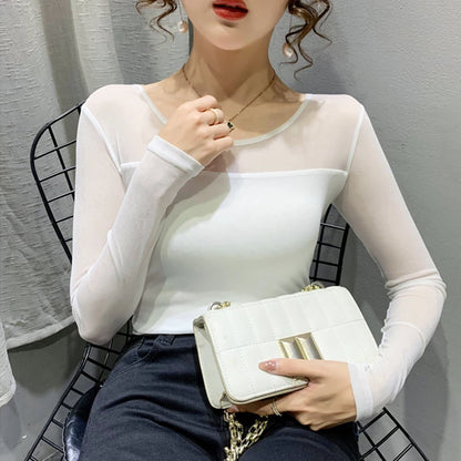 Women Slim Fit Long Sleeve Mesh T-Shirt