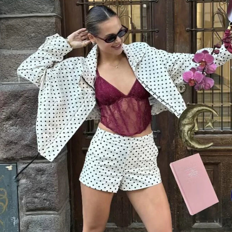 Polka Dot Bomber Jacket Women's Zip Up Crop Coat