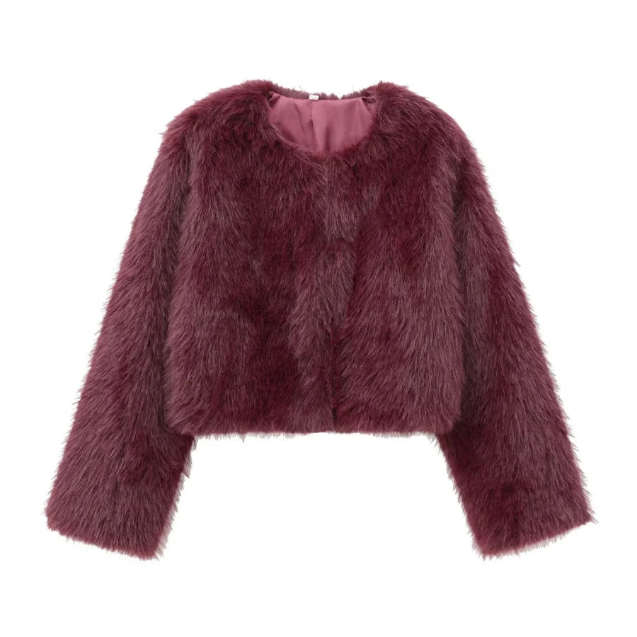 Women's Faux Fur Round Neck Short Jacket