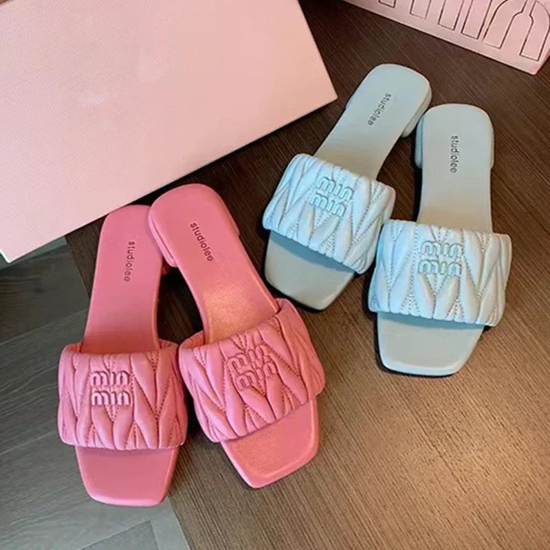 Summer Open Toe Square Toe PU Slippers for Women