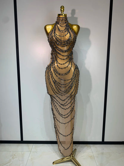 Sparkly Rhinestone Transparent Mesh Long Dress